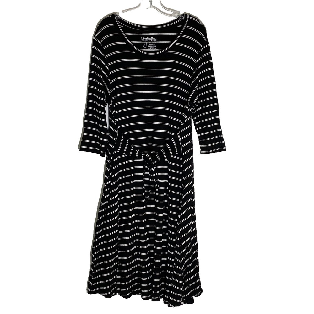 Latched Mama Dress Womens XL Black Stripe Maternity Nursing T-Shirt Midi Pockets